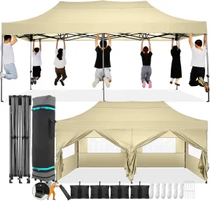 COBIZI 10x20 Pop Up Canopy with 6 Sidewall,Heavy Duty Canopy UPF 50  All Season Wind Waterproof Commercial Outdoor Wedding Party Tents for Parties Canopy Gazebo with Roller Bag(10 x 20 ft Khaki)