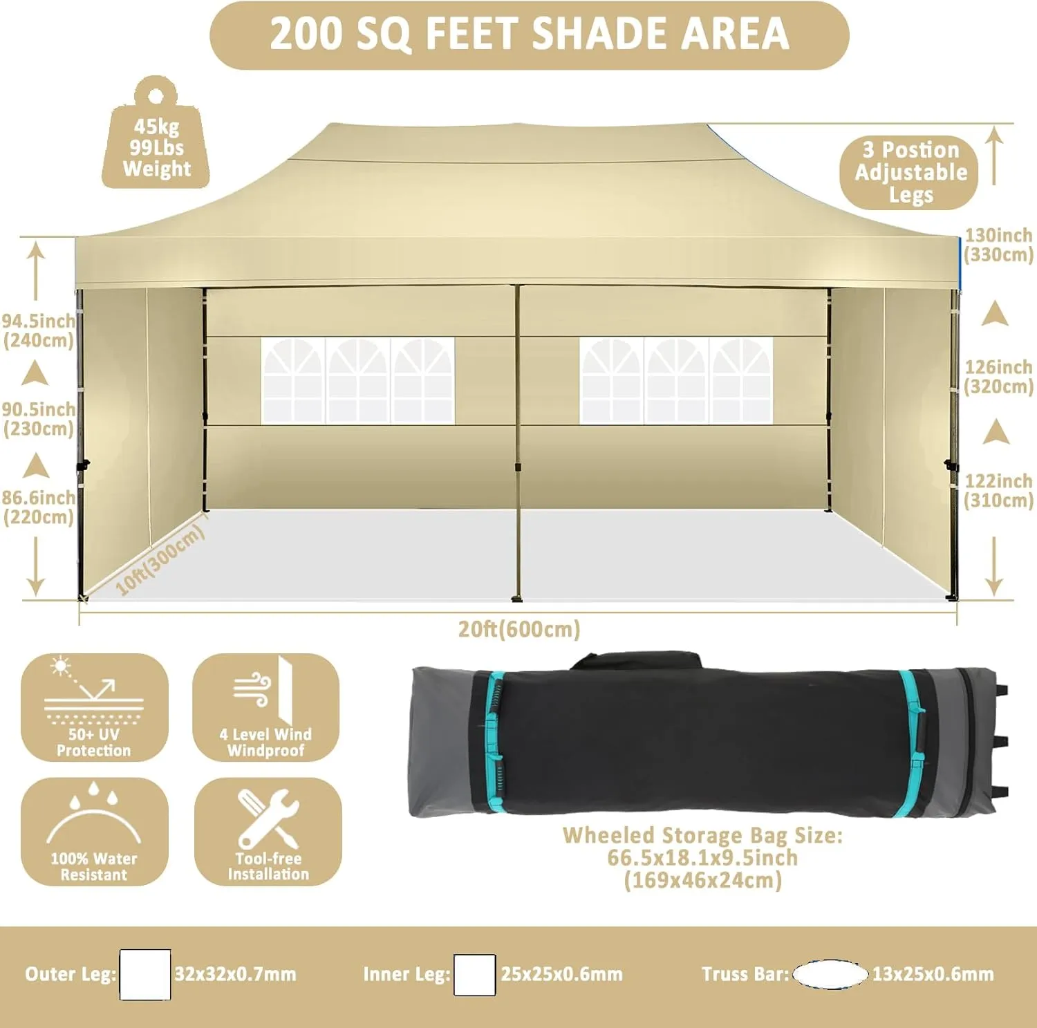 COBIZI 10x20 Pop Up Canopy with 6 Sidewall,Heavy Duty Canopy UPF 50  All Season Wind Waterproof Commercial Outdoor Wedding Party Tents for Parties Canopy Gazebo with Roller Bag(10 x 20 ft Khaki)