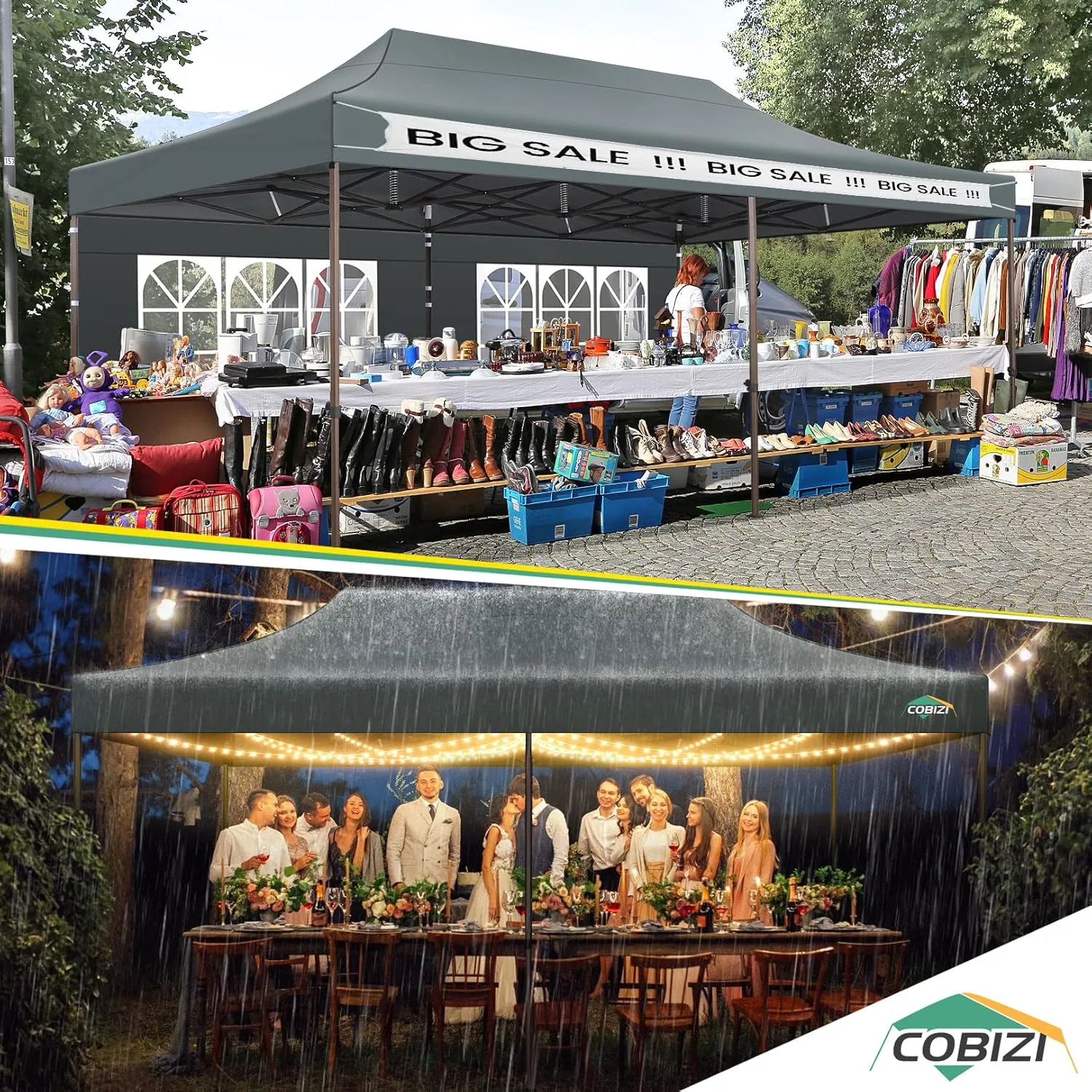COBIZI Heavy Duty 10x20 Pop up Canopy Tent with 6 Sidewalls, Commercial Instant Canopies Tents for Parties Gazebos with Roller Bag, All Season Wind & Waterproof UPF55 ,Thickened Frame, Gray