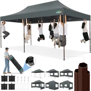 COBIZI Heavy Duty 10x20 Pop up Canopy Tent with 6 Sidewalls, Commercial Instant Canopies Tents for Parties Gazebos with Roller Bag, All Season Wind & Waterproof UPF55 ,Thickened Frame, Gray