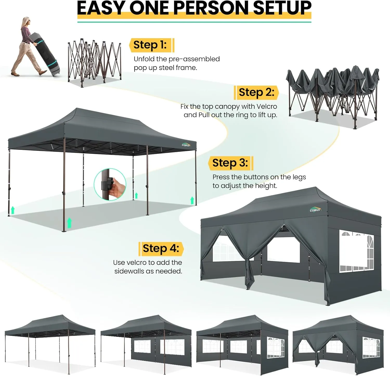 COBIZI Heavy Duty 10x20 Pop up Canopy Tent with 6 Sidewalls, Commercial Instant Canopies Tents for Parties Gazebos with Roller Bag, All Season Wind & Waterproof UPF55 ,Thickened Frame, Gray