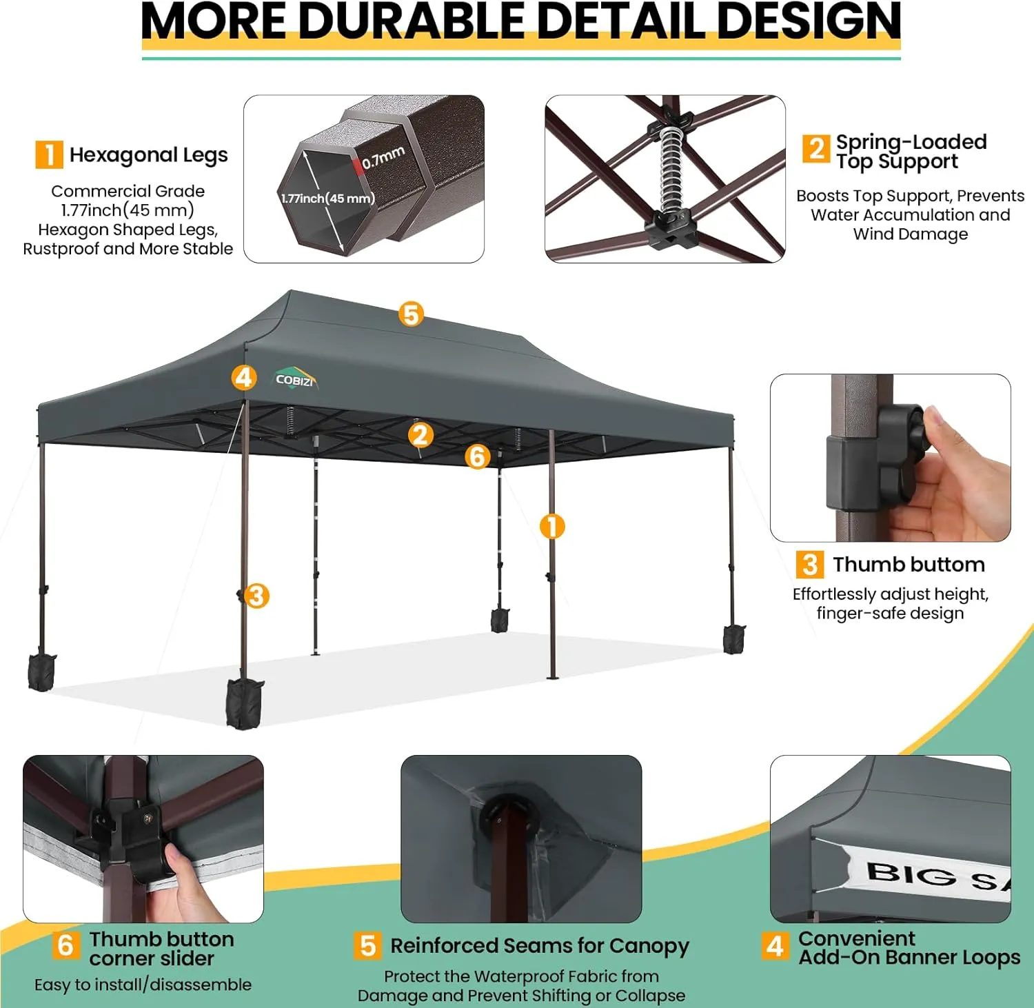 COBIZI Heavy Duty 10x20 Pop up Canopy Tent with 6 Sidewalls, Commercial Instant Canopies Tents for Parties Gazebos with Roller Bag, All Season Wind & Waterproof UPF55 ,Thickened Frame, Gray