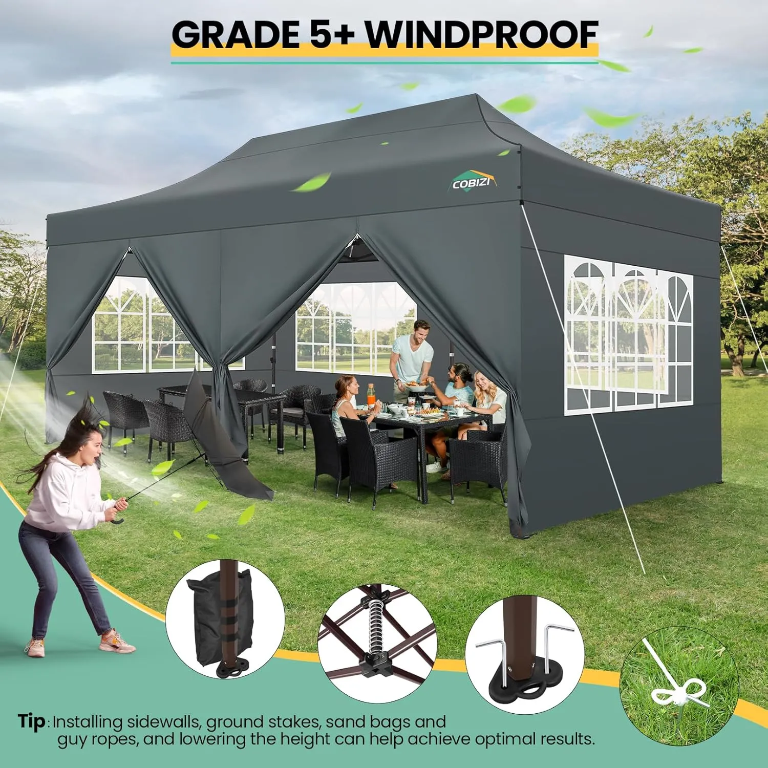 COBIZI Heavy Duty 10x20 Pop up Canopy Tent with 6 Sidewalls, Commercial Instant Canopies Tents for Parties Gazebos with Roller Bag, All Season Wind & Waterproof UPF55 ,Thickened Frame, Gray