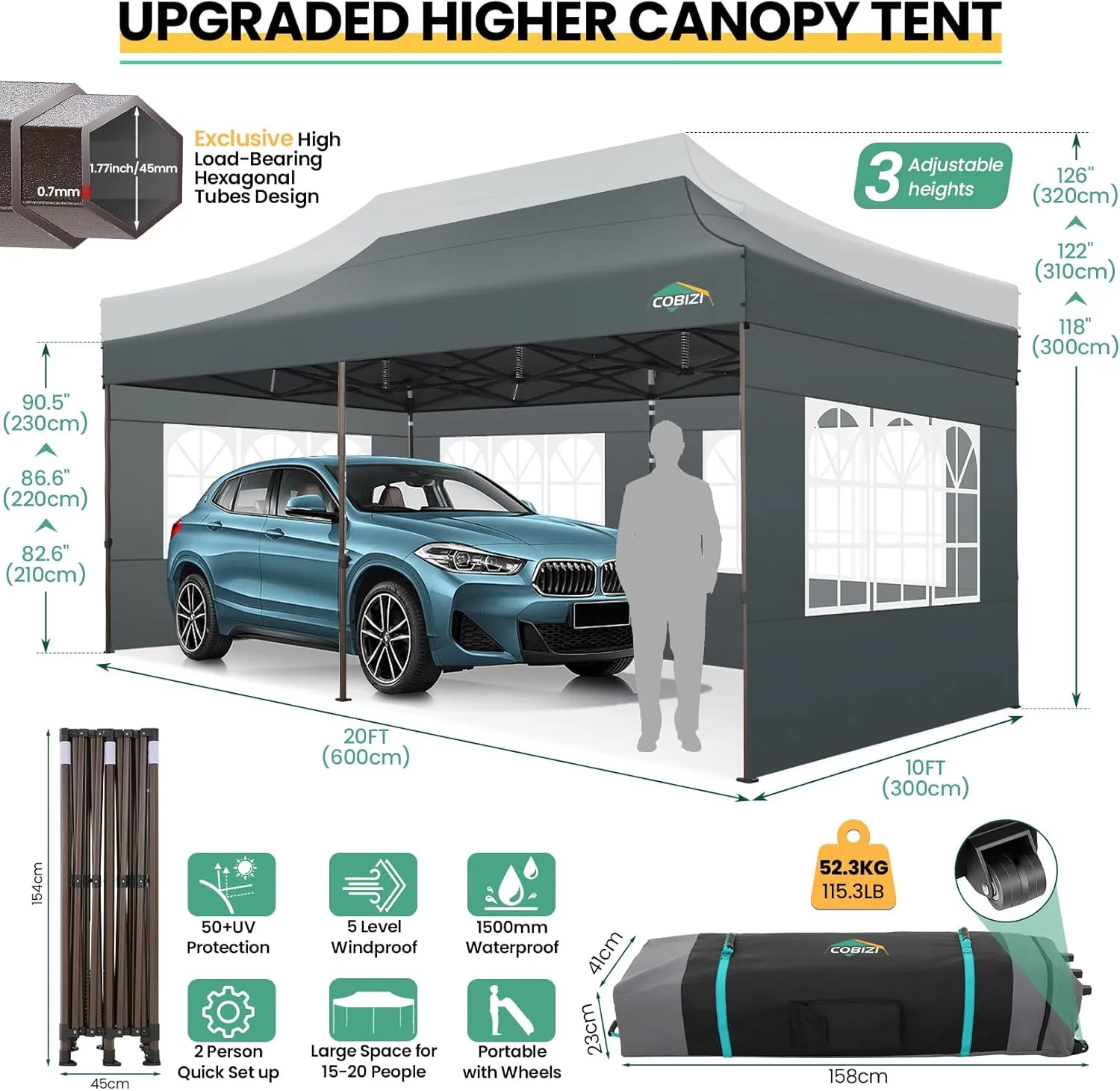 COBIZI Heavy Duty 10x20 Pop up Canopy Tent with 6 Sidewalls, Commercial Instant Canopies Tents for Parties Gazebos with Roller Bag, All Season Wind & Waterproof UPF55 ,Thickened Frame, Gray