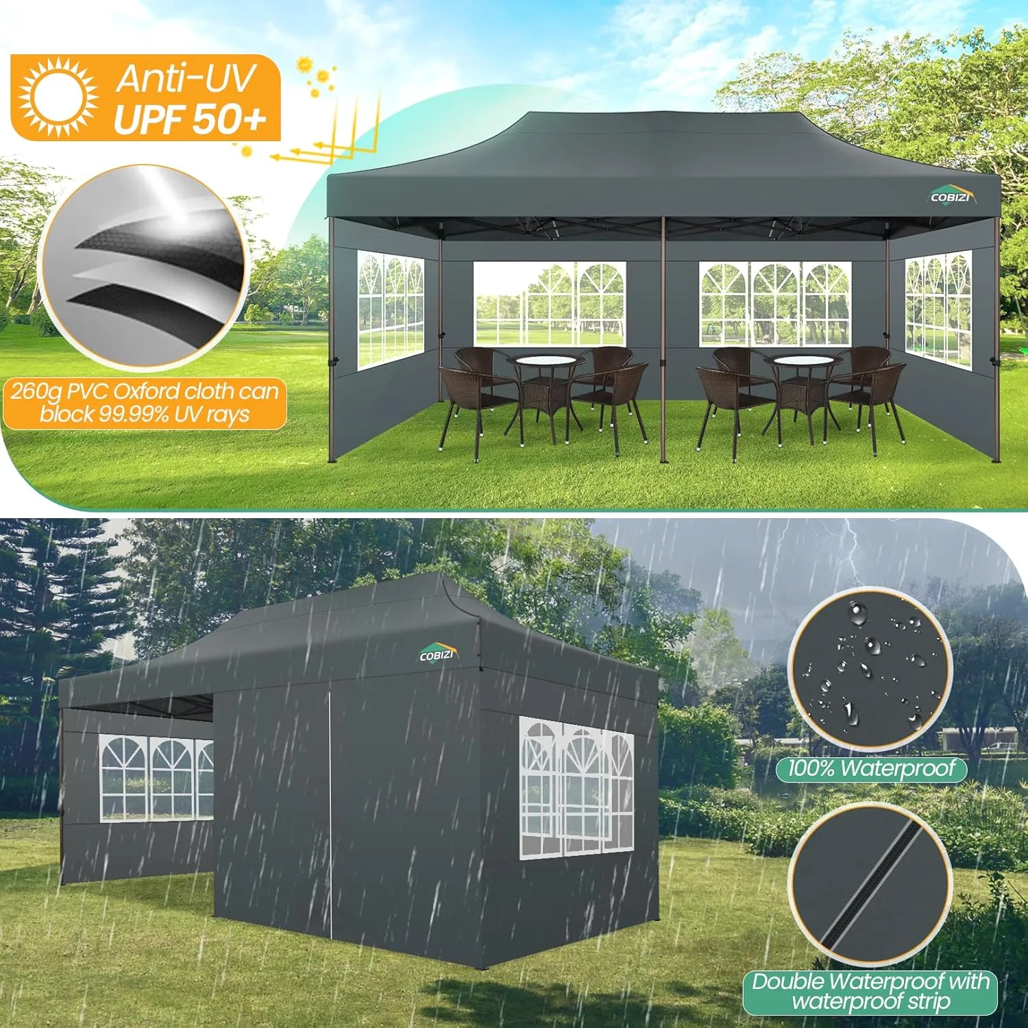 COBIZI Heavy Duty 10x20 Pop up Canopy Tent with 6 Sidewalls, Commercial Instant Canopies Tents for Parties Gazebos with Roller Bag, All Season Wind & Waterproof UPF55 ,Thickened Frame, Gray