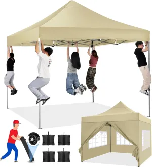 COBIZI Pop up Canopy Tent 10x10 Heavy Duty Gazebo with 4 Sidewalls, UPF 50  All Weather Waterproof Commercial Outdoor Wedding Party Tents Canopy with Roller Bag,Khaki
