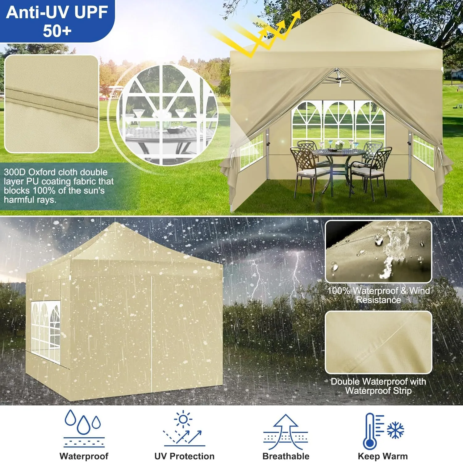 COBIZI Pop up Canopy Tent 10x10 Heavy Duty Gazebo with 4 Sidewalls, UPF 50  All Weather Waterproof Commercial Outdoor Wedding Party Tents Canopy with Roller Bag,Khaki