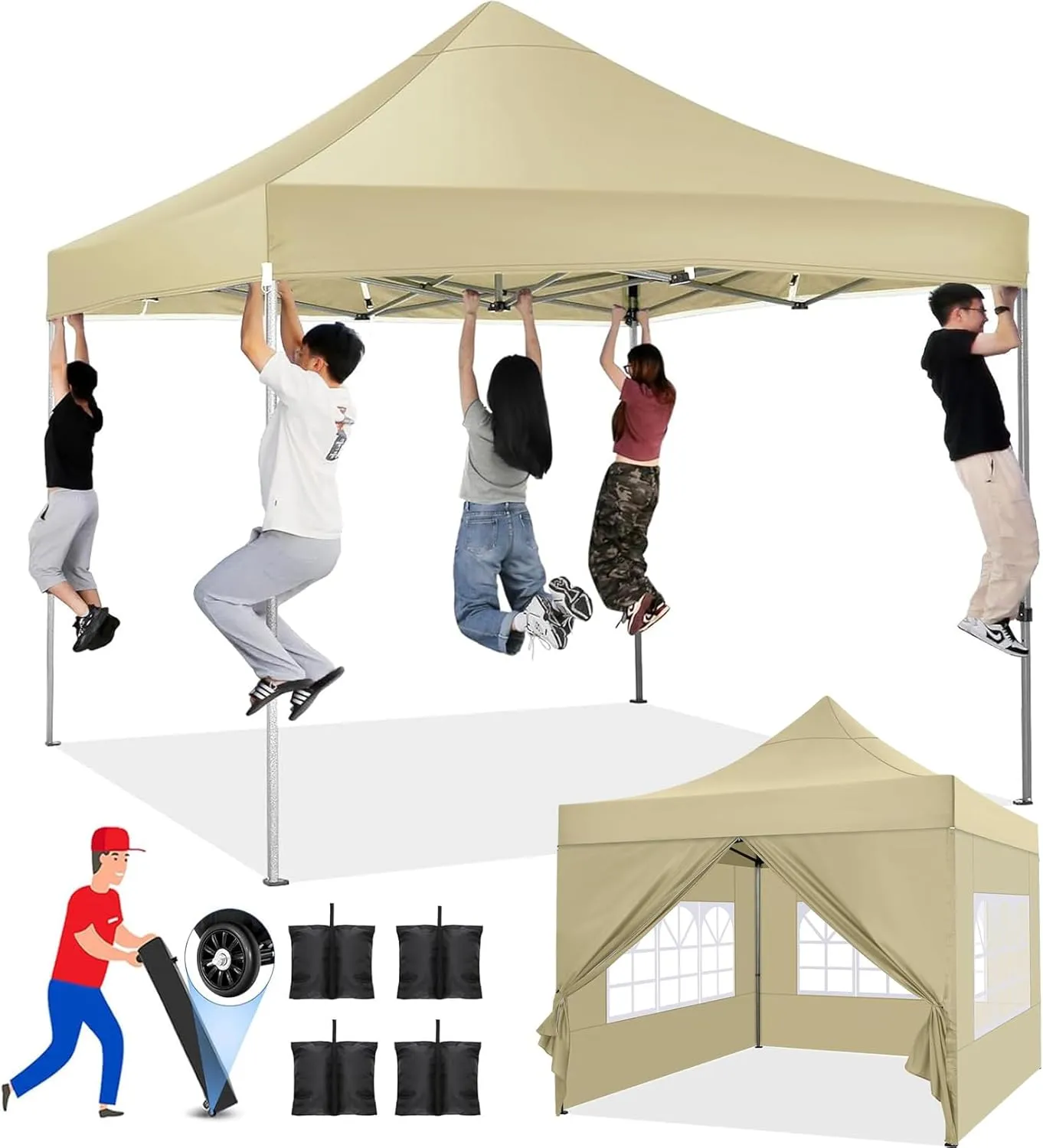 COBIZI Pop up Canopy Tent 10x10 Heavy Duty Gazebo with 4 Sidewalls, UPF 50  All Weather Waterproof Commercial Outdoor Wedding Party Tents Canopy with Roller Bag,Khaki