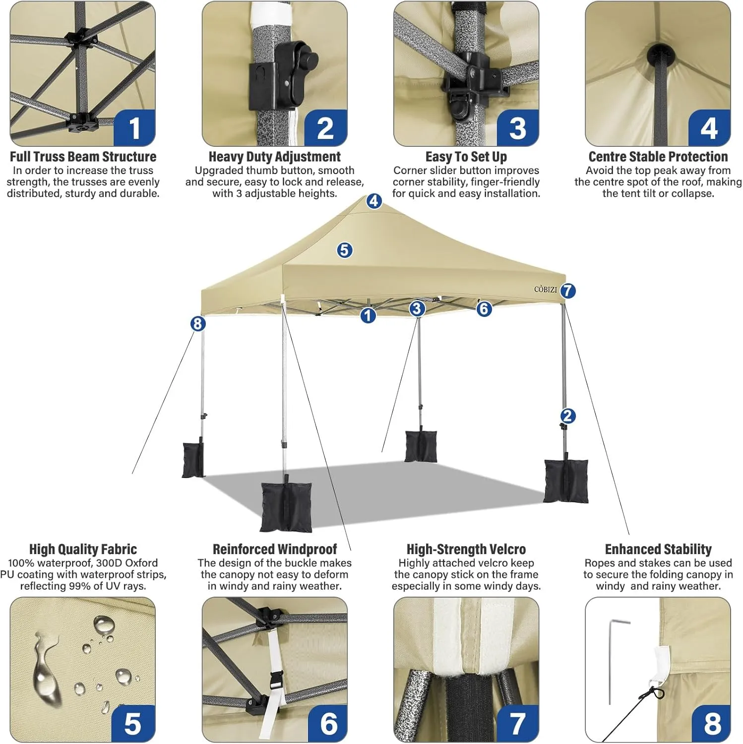 COBIZI Pop up Canopy Tent 10x10 Heavy Duty Gazebo with 4 Sidewalls, UPF 50  All Weather Waterproof Commercial Outdoor Wedding Party Tents Canopy with Roller Bag,Khaki
