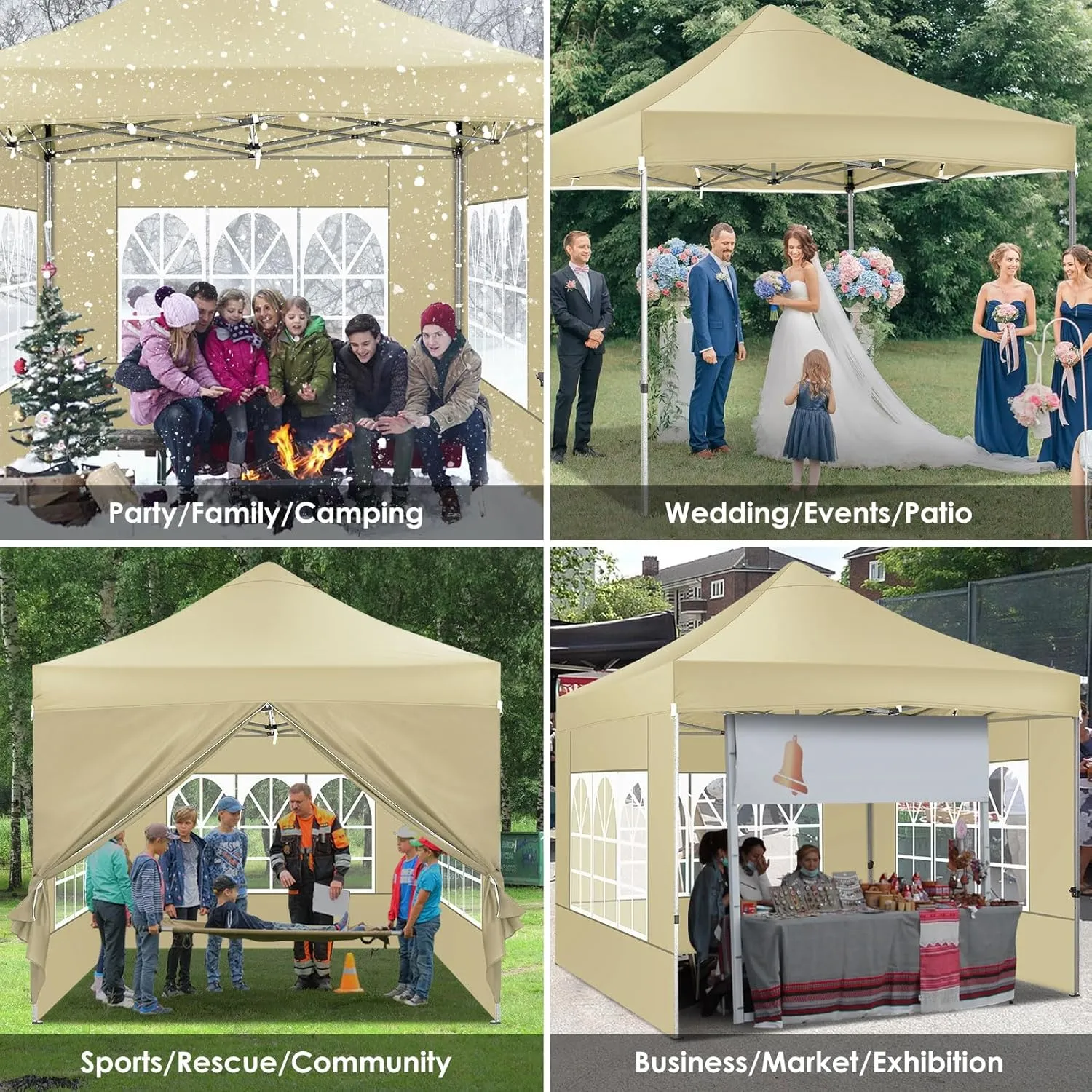 COBIZI Pop up Canopy Tent 10x10 Heavy Duty Gazebo with 4 Sidewalls, UPF 50  All Weather Waterproof Commercial Outdoor Wedding Party Tents Canopy with Roller Bag,Khaki