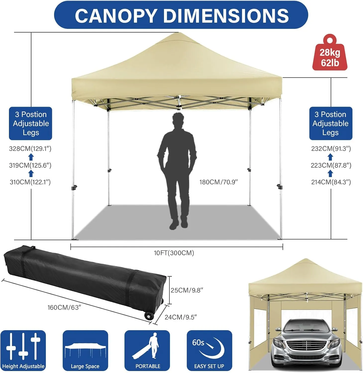 COBIZI Pop up Canopy Tent 10x10 Heavy Duty Gazebo with 4 Sidewalls, UPF 50  All Weather Waterproof Commercial Outdoor Wedding Party Tents Canopy with Roller Bag,Khaki