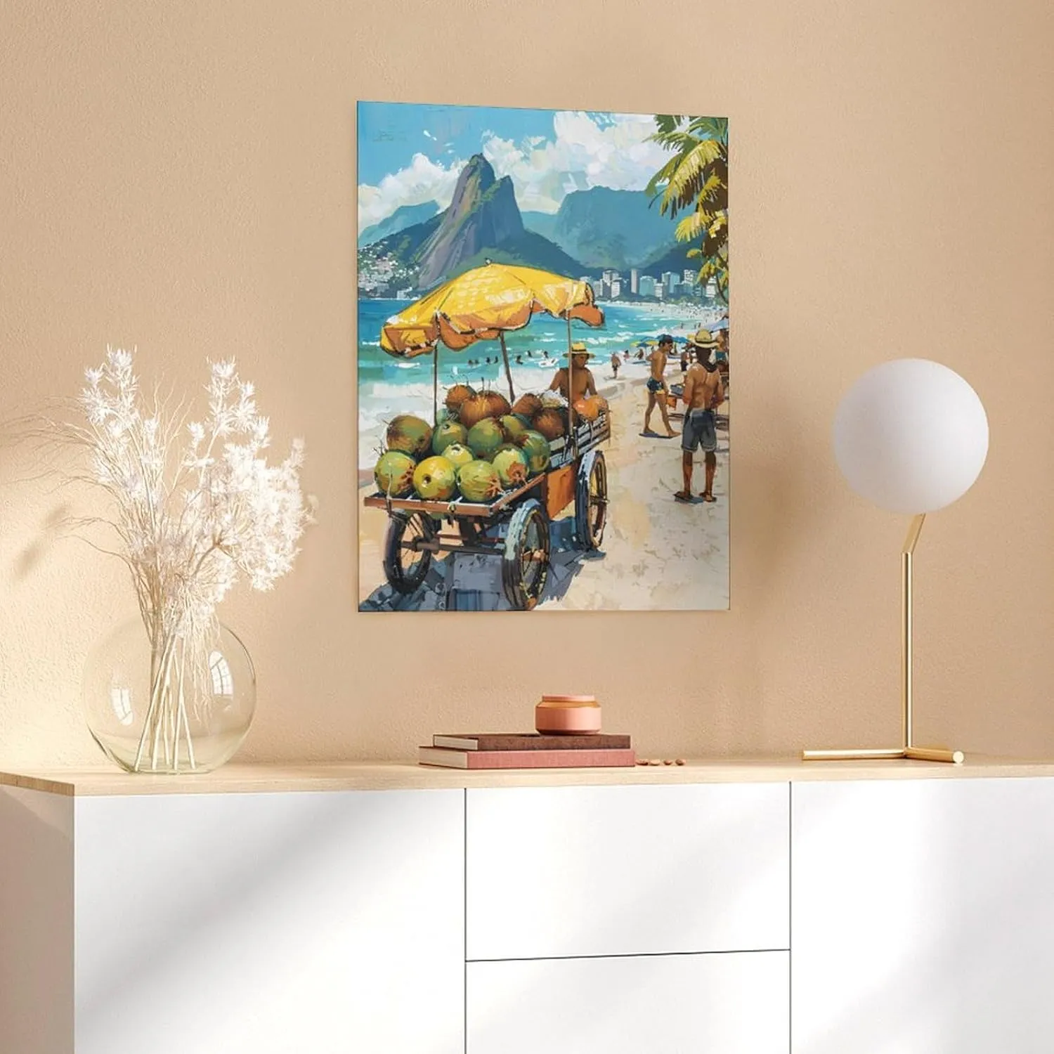 Coconut Vendor on Ipanema Beach Poster Painting Vibrant Wall Art, Brazilian Beach Landscape Home Aesthetic Decor Canvas Print Poster Decorative Painting Canvas Wall Art Living Room Posters Bedroom Pai