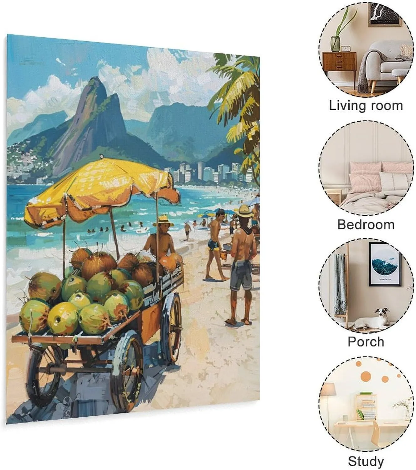 Coconut Vendor on Ipanema Beach Poster Painting Vibrant Wall Art, Brazilian Beach Landscape Home Aesthetic Decor Canvas Print Poster Decorative Painting Canvas Wall Art Living Room Posters Bedroom Pai