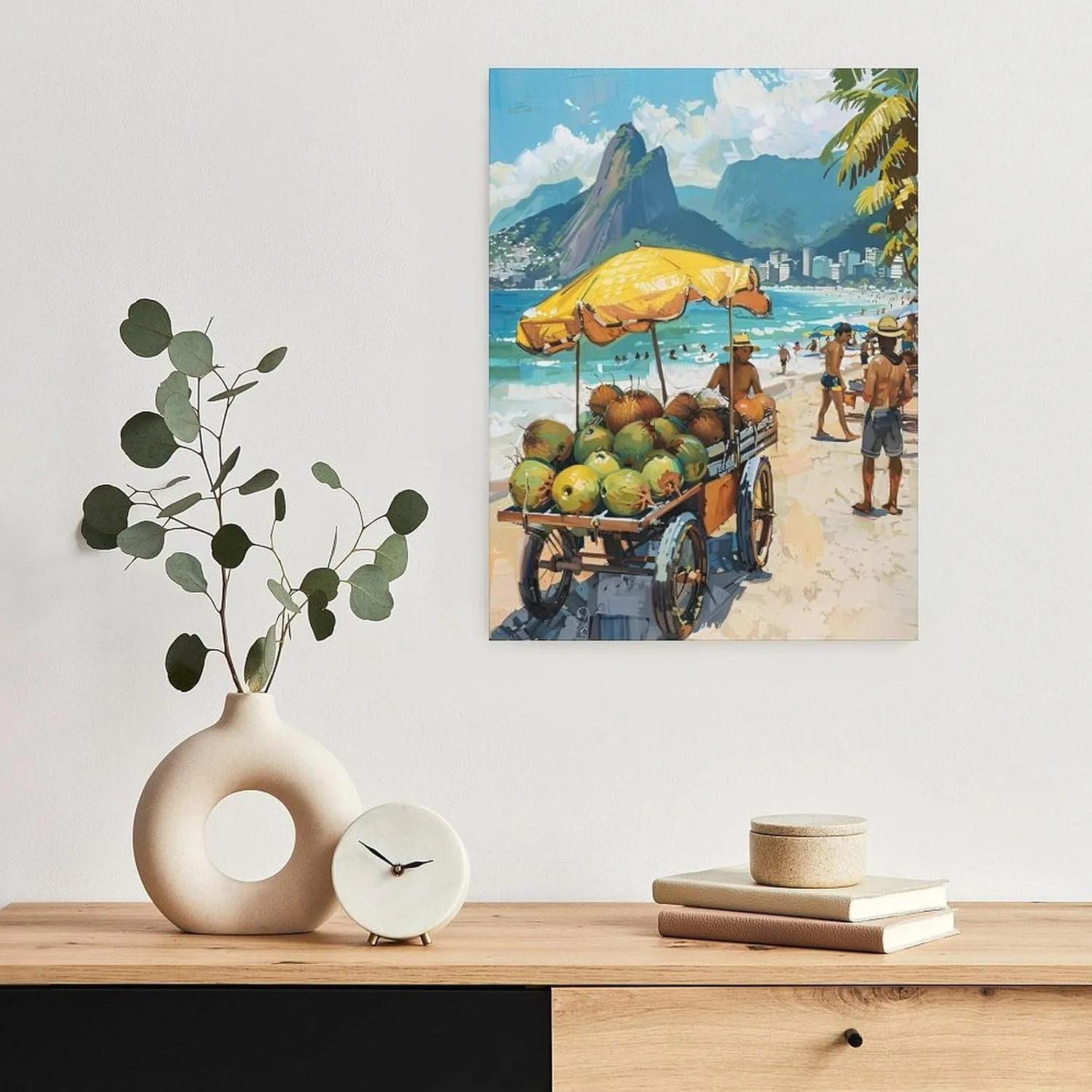 Coconut Vendor on Ipanema Beach Poster Painting Vibrant Wall Art, Brazilian Beach Landscape Home Aesthetic Decor Canvas Print Poster Decorative Painting Canvas Wall Art Living Room Posters Bedroom Pai