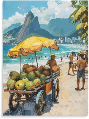 Coconut Vendor on Ipanema Beach Poster Painting Vibrant Wall Art, Brazilian Beach Landscape Home Aesthetic Decor Canvas Print Poster Decorative Painting Canvas Wall Art Living Room Posters Bedroom Pai