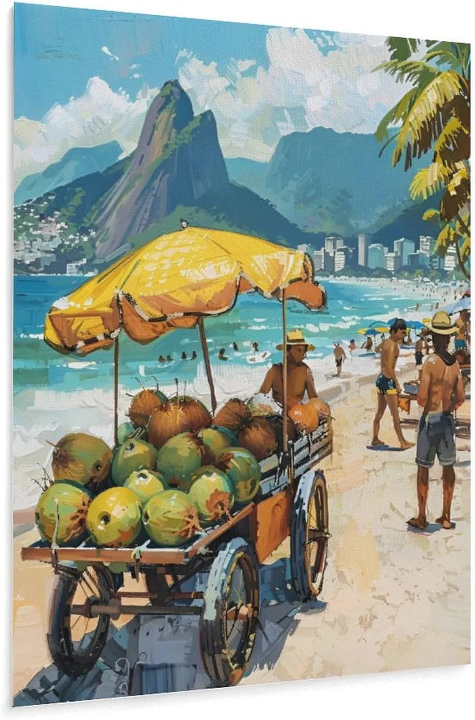 Coconut Vendor on Ipanema Beach Poster Painting Vibrant Wall Art, Brazilian Beach Landscape Home Aesthetic Decor Canvas Print Poster Decorative Painting Canvas Wall Art Living Room Posters Bedroom Pai