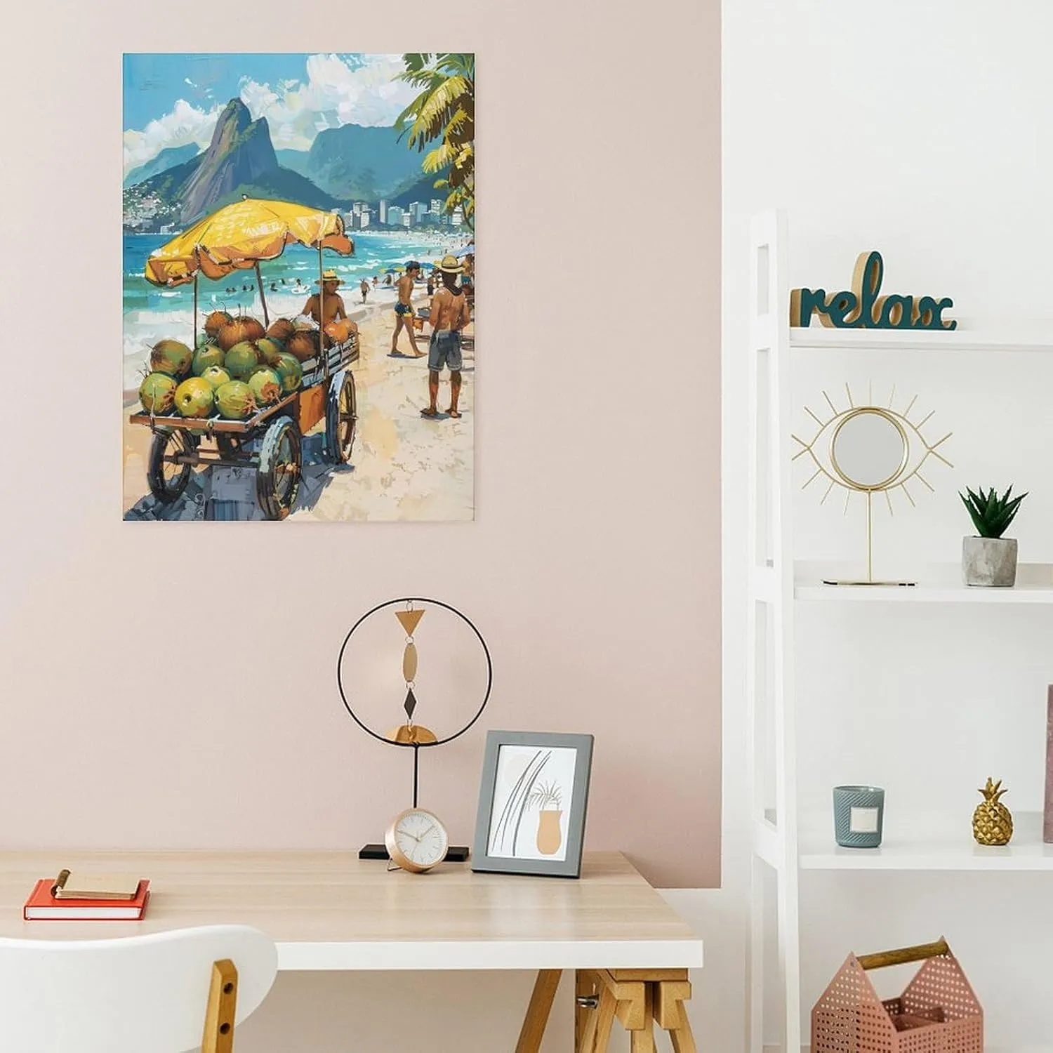 Coconut Vendor on Ipanema Beach Poster Painting Vibrant Wall Art, Brazilian Beach Landscape Home Aesthetic Decor Canvas Print Poster Decorative Painting Canvas Wall Art Living Room Posters Bedroom Pai