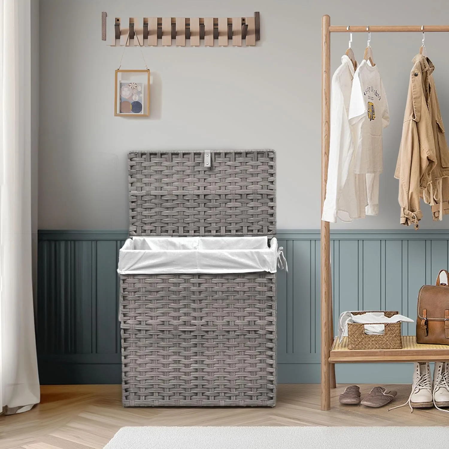 Collapsible Laundry Basket with Lid 110L Hamper for Bedroom PP Rattan Woven Laundry Basket Waterproof with Removable Bag&Handles, 2 Section for Dirty Cloth, Household Item, Dove Gray