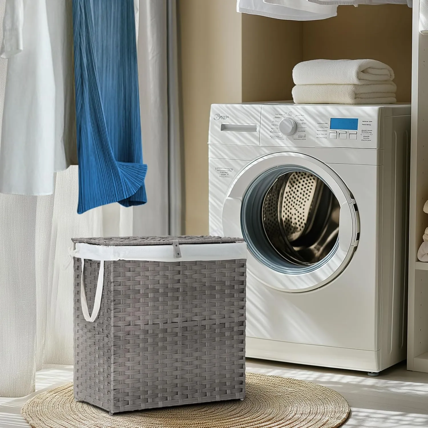 Collapsible Laundry Basket with Lid 110L Hamper for Bedroom PP Rattan Woven Laundry Basket Waterproof with Removable Bag&Handles, 2 Section for Dirty Cloth, Household Item, Dove Gray
