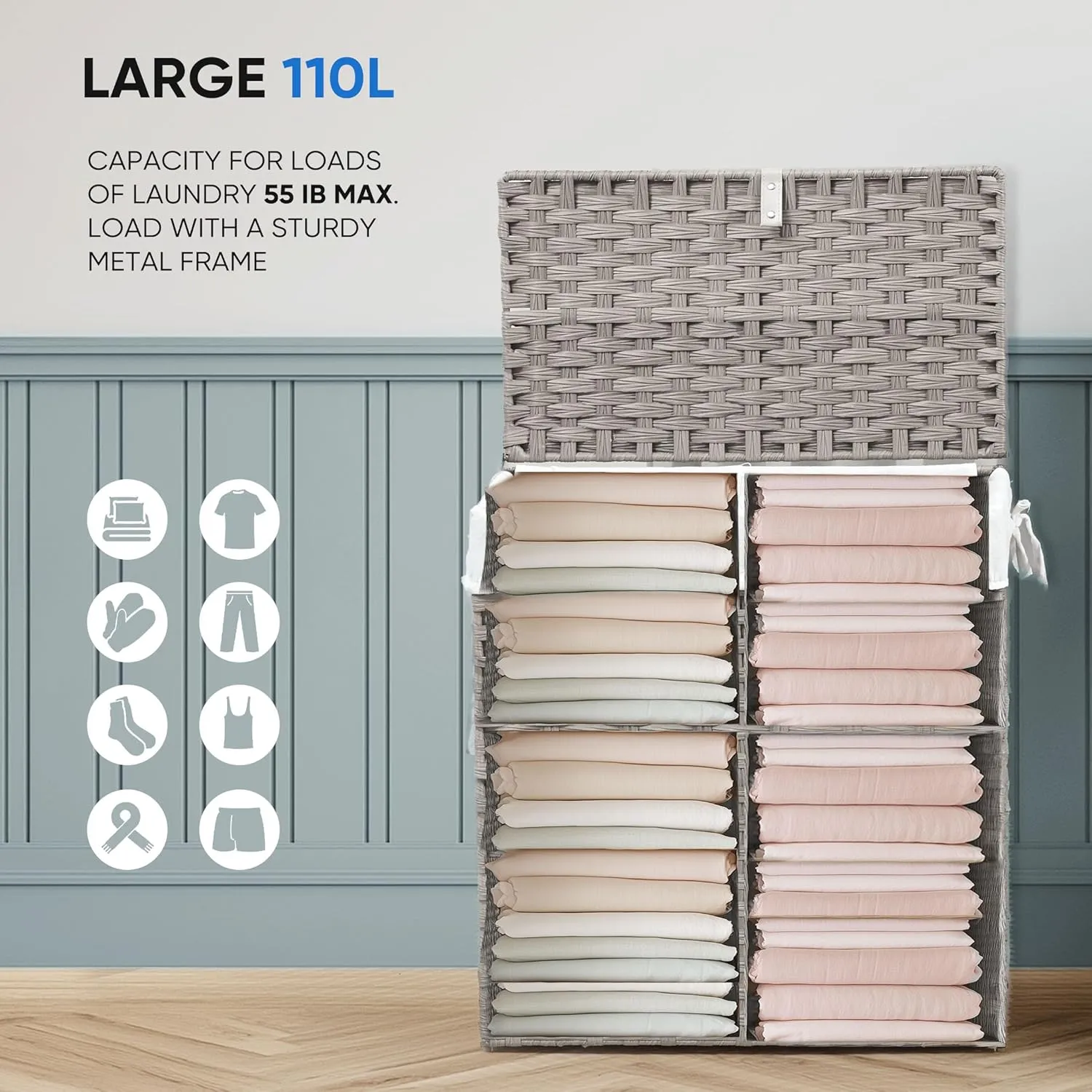 Collapsible Laundry Basket with Lid 110L Hamper for Bedroom PP Rattan Woven Laundry Basket Waterproof with Removable Bag&Handles, 2 Section for Dirty Cloth, Household Item, Dove Gray