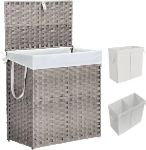 Collapsible Laundry Basket with Lid 110L Hamper for Bedroom PP Rattan Woven Laundry Basket Waterproof with Removable Bag&Handles, 2 Section for Dirty Cloth, Household Item, Dove Gray