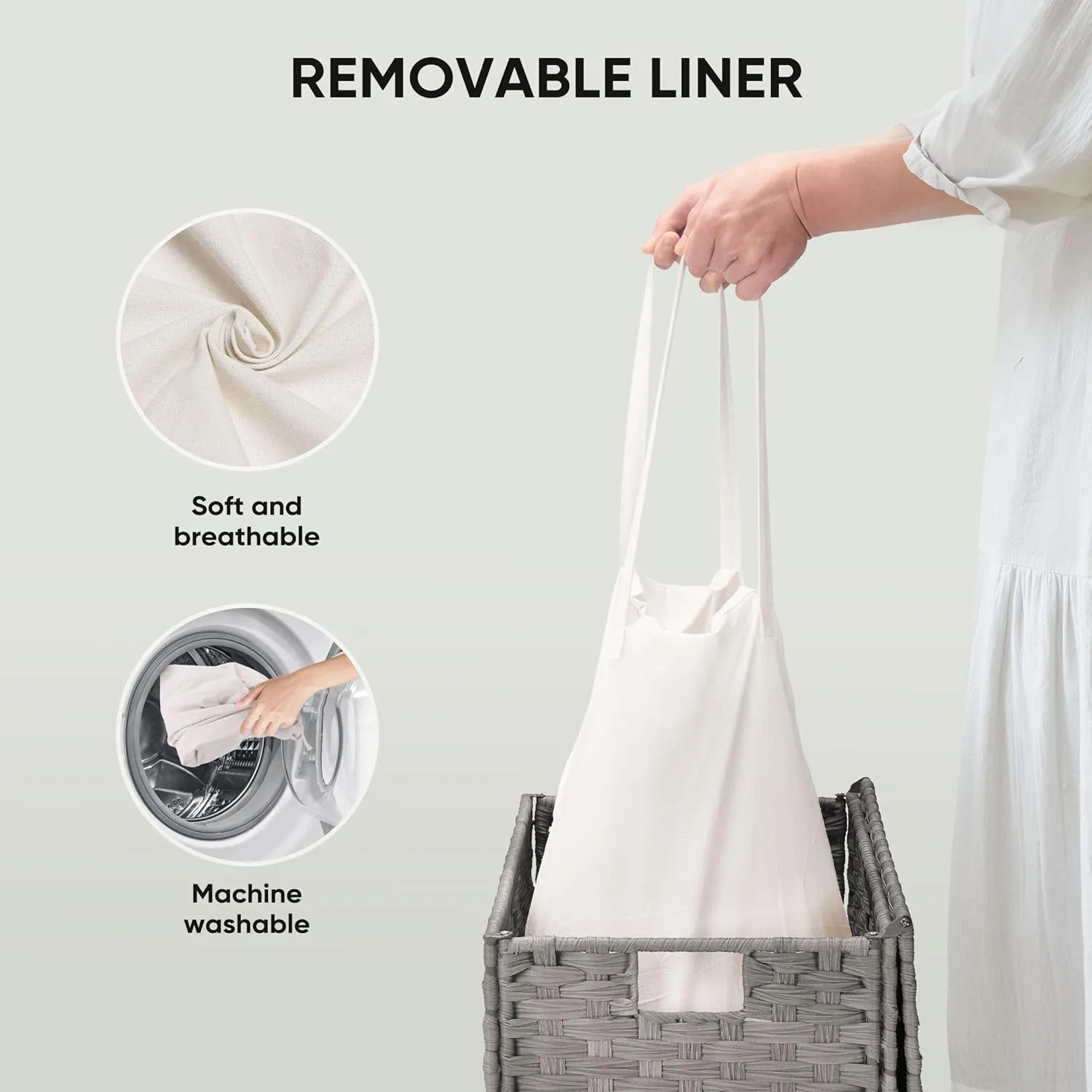 Collapsible Laundry Basket with Lid 110L Hamper for Bedroom PP Rattan Woven Laundry Basket Waterproof with Removable Bag&Handles, 2 Section for Dirty Cloth, Household Item, Dove Gray