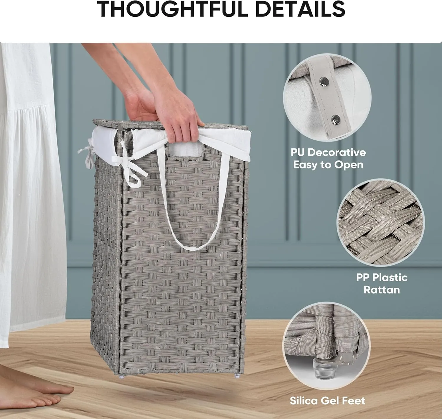 Collapsible Laundry Basket with Lid 110L Hamper for Bedroom PP Rattan Woven Laundry Basket Waterproof with Removable Bag&Handles, 2 Section for Dirty Cloth, Household Item, Dove Gray