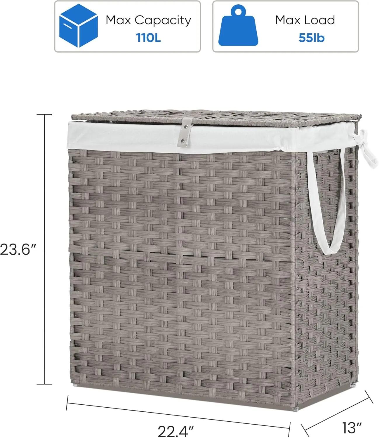 Collapsible Laundry Basket with Lid 110L Hamper for Bedroom PP Rattan Woven Laundry Basket Waterproof with Removable Bag&Handles, 2 Section for Dirty Cloth, Household Item, Dove Gray