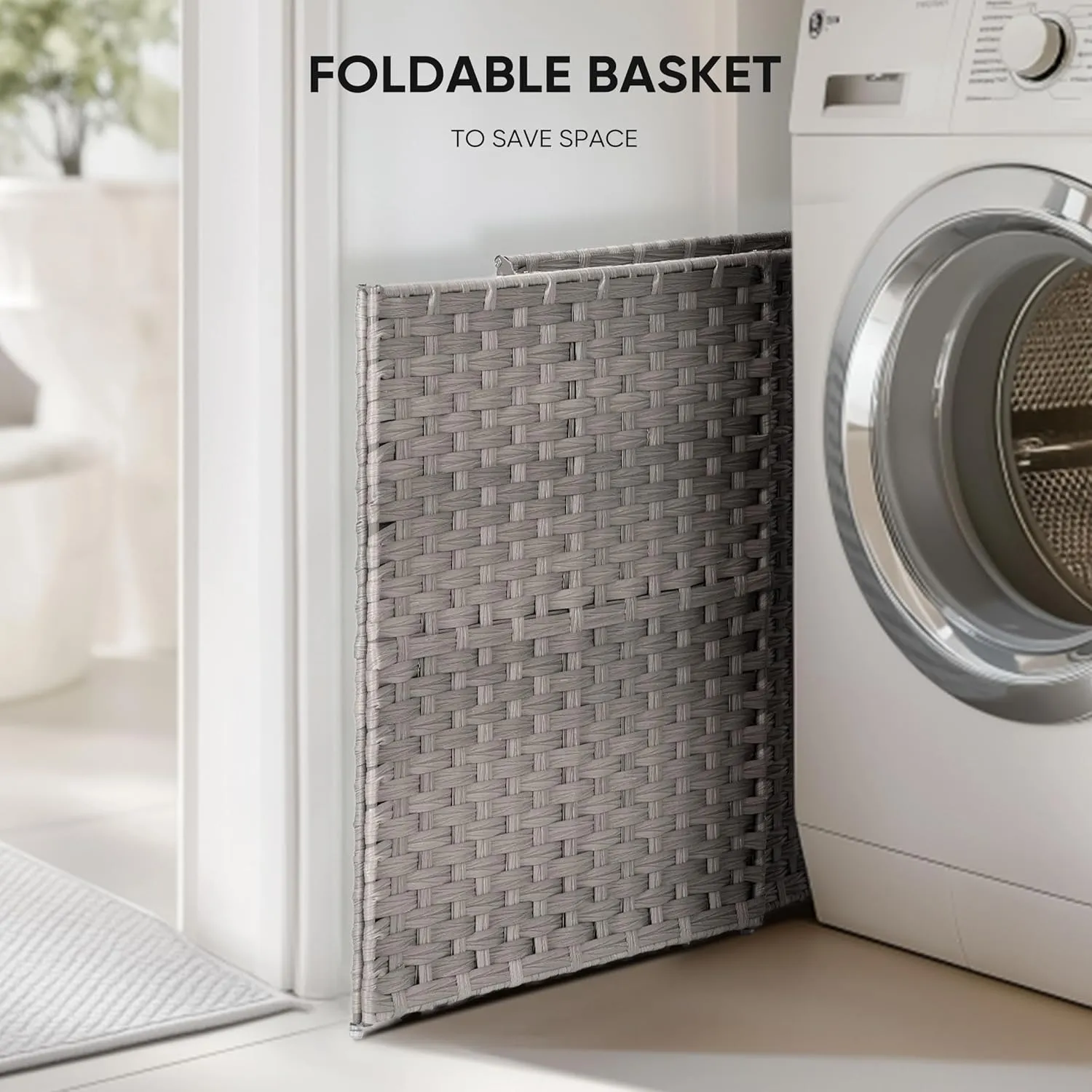 Collapsible Laundry Basket with Lid 110L Hamper for Bedroom PP Rattan Woven Laundry Basket Waterproof with Removable Bag&Handles, 2 Section for Dirty Cloth, Household Item, Dove Gray
