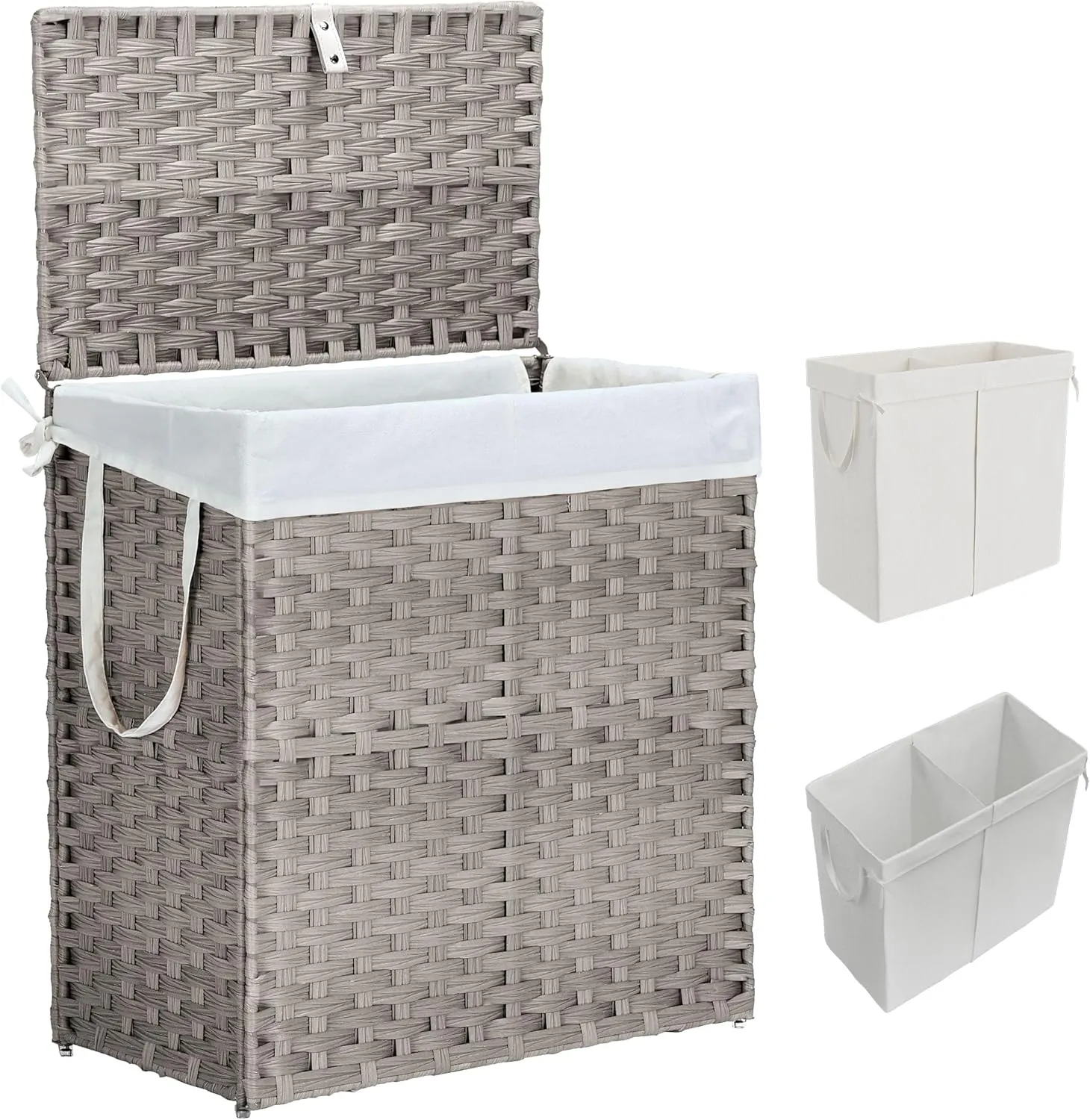 Collapsible Laundry Basket with Lid 110L Hamper for Bedroom PP Rattan Woven Laundry Basket Waterproof with Removable Bag&Handles, 2 Section for Dirty Cloth, Household Item, Dove Gray