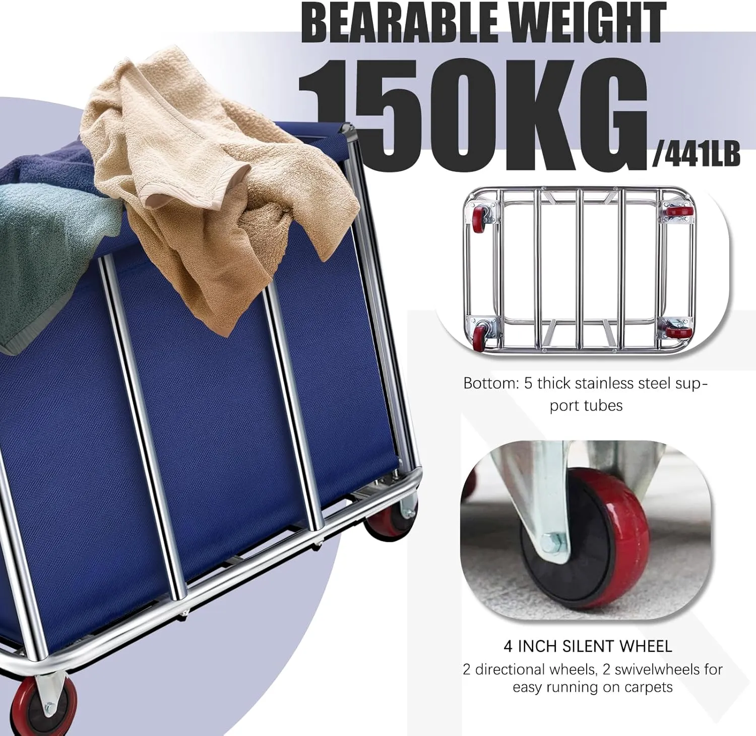 Commercial Laundry Cart on Wheels, 11.35 Bushels Large Roller with Removable Waterproof Canvas Lined Basket, Heavy Duty Stainless Steel for Hotels and Hospitals