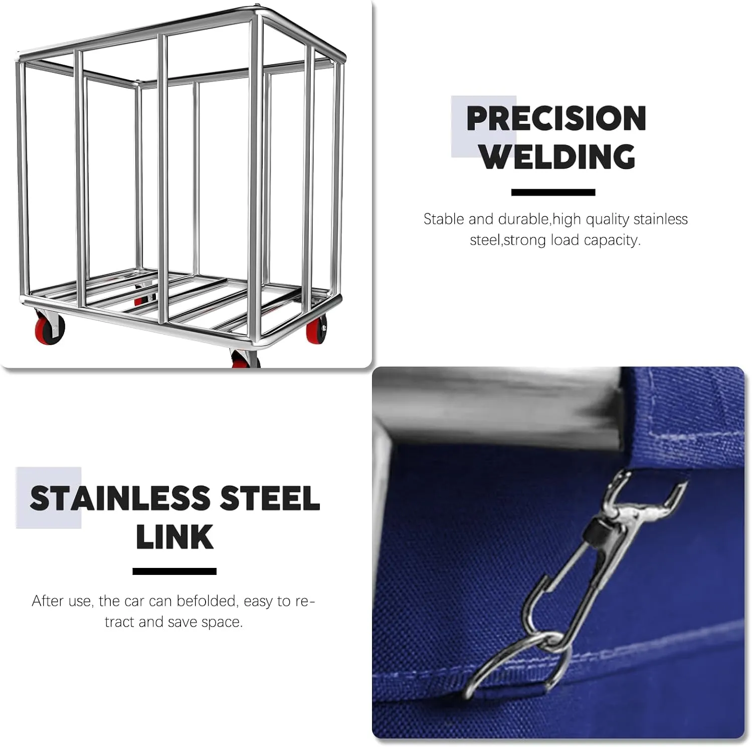 Commercial Laundry Cart on Wheels, 11.35 Bushels Large Roller with Removable Waterproof Canvas Lined Basket, Heavy Duty Stainless Steel for Hotels and Hospitals