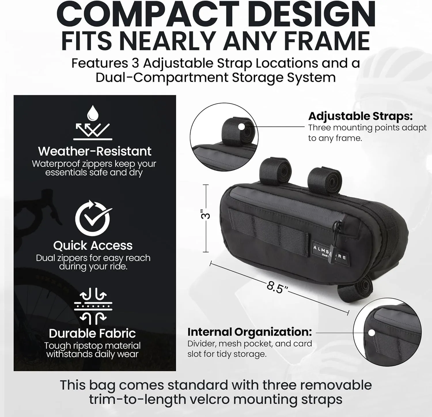 Compact Bike Frame Bag | Weather-Resistant, Waterproof Zippers & Dual-Sided Access for Road, MTB, and Ebike Frames