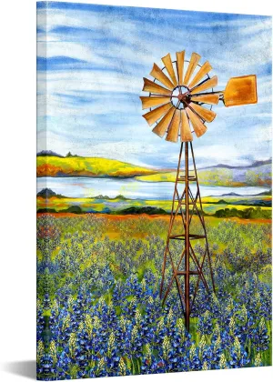Conipit Texas Canvas Wall Art Bluebonnets Painting Windmill Landscape Pictures Art For Farmhouse Home Decor Ready To Hang (16''x24'')