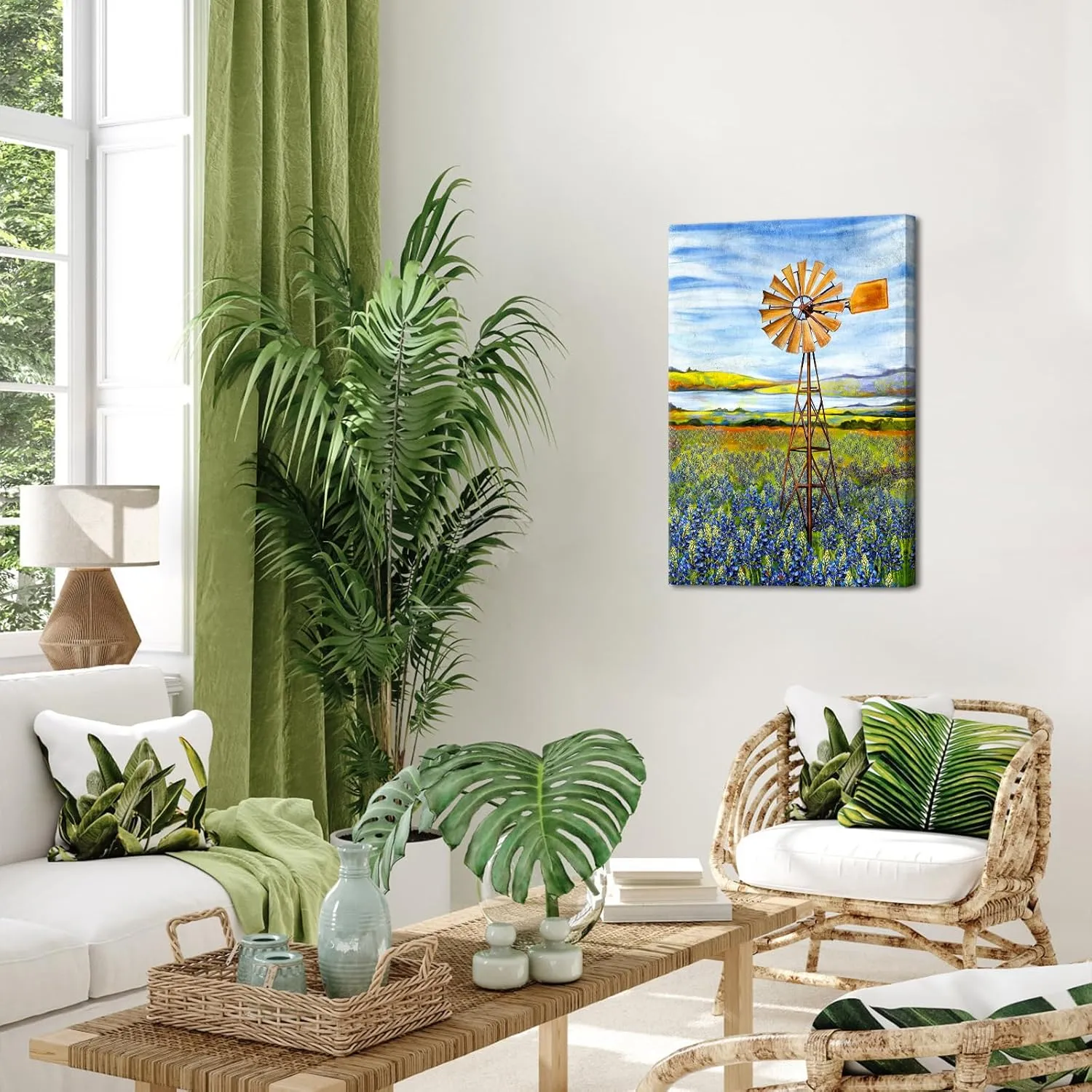 Conipit Texas Canvas Wall Art Bluebonnets Painting Windmill Landscape Pictures Art For Farmhouse Home Decor Ready To Hang (16''x24'')