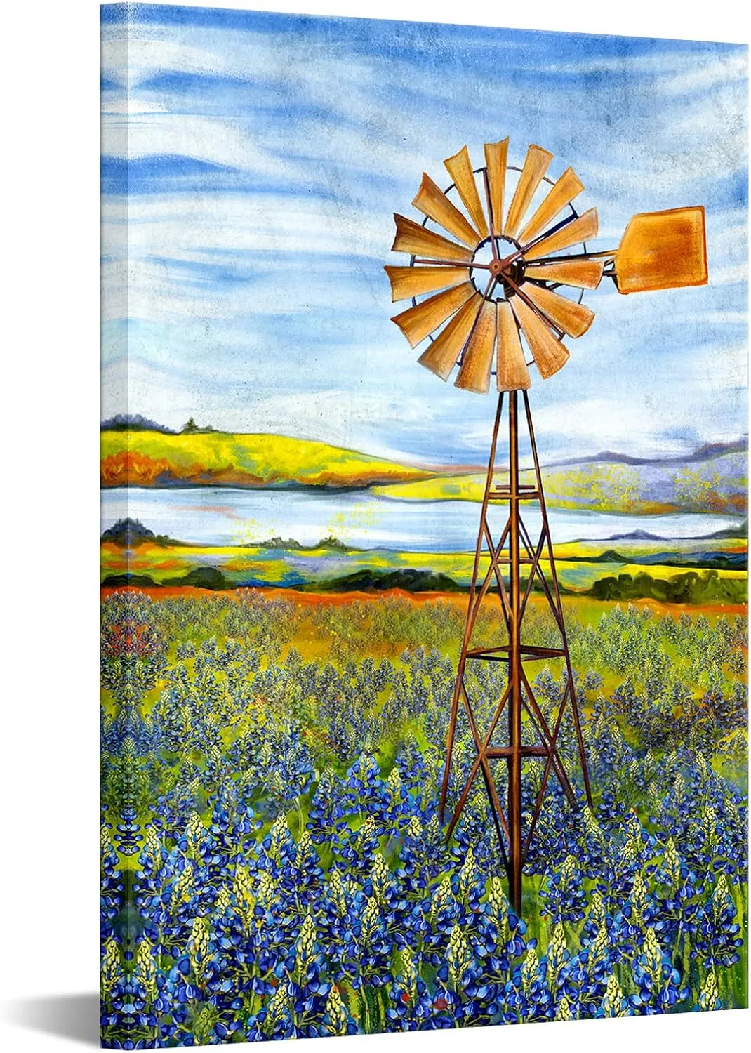 Conipit Texas Canvas Wall Art Bluebonnets Painting Windmill Landscape Pictures Art For Farmhouse Home Decor Ready To Hang (16''x24'')