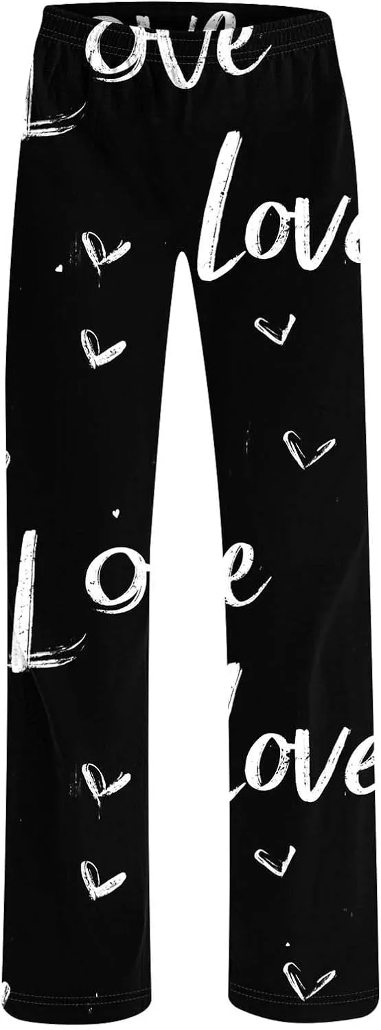 Cotton Love Print Palazzo Lounge Pants Women Drawstring Waist Casual Jogger Pants for Everyday Wear
