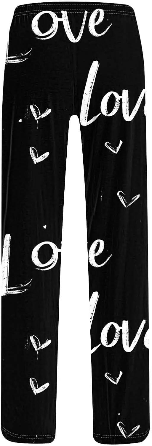 Cotton Love Print Palazzo Lounge Pants Women Drawstring Waist Casual Jogger Pants for Everyday Wear