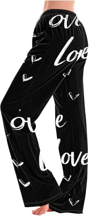 Cotton Love Print Palazzo Lounge Pants Women Drawstring Waist Casual Jogger Pants for Everyday Wear