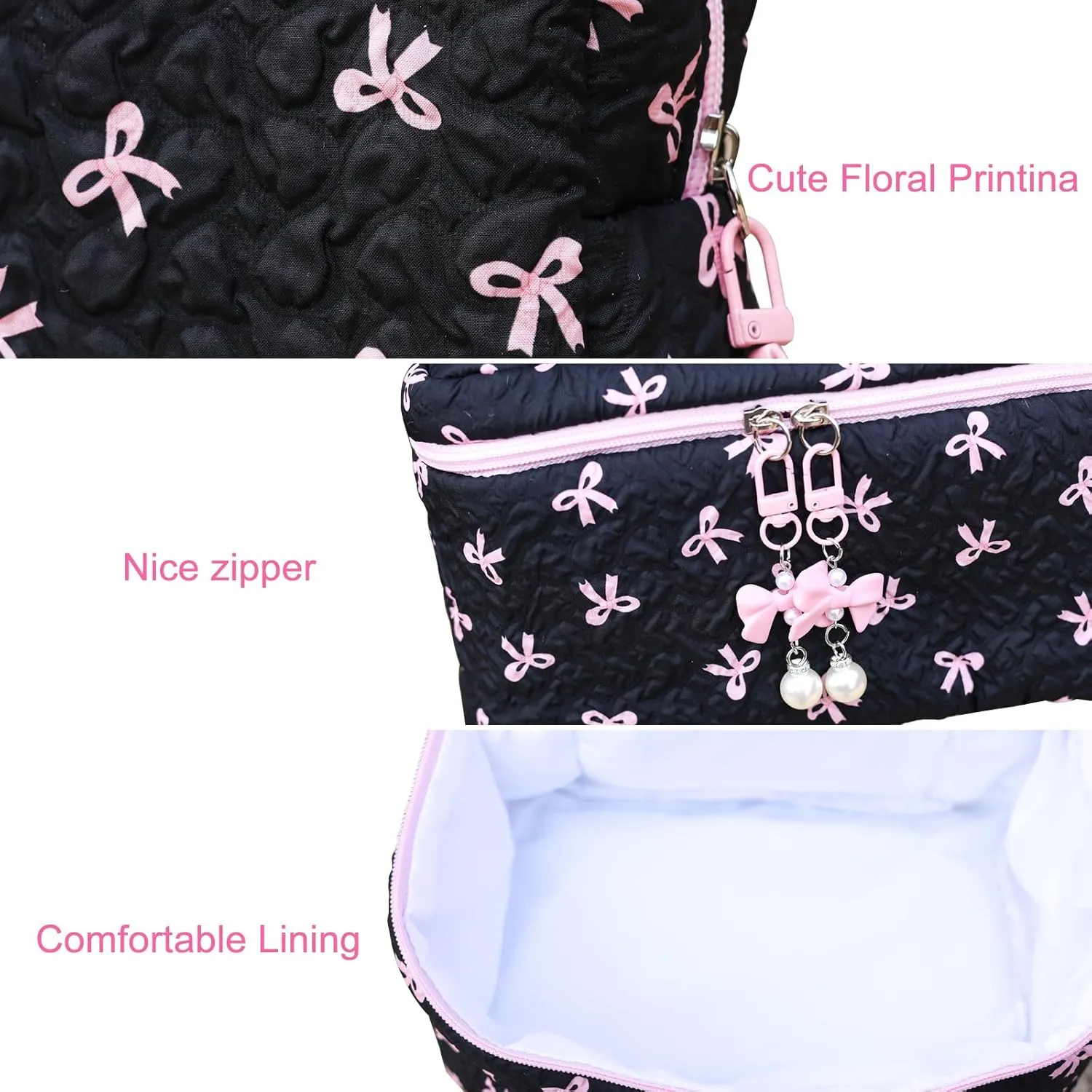 Cotton Quilted Makeup Bag Coquette Accessories Make up Bag Organizer Cute Bow Floral Cosmetic Pouch Travel Makeup Bag Mystery black Pure white (White black bow-01)