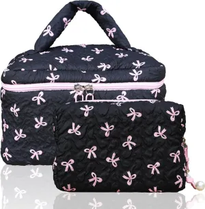 Cotton Quilted Makeup Bag Coquette Accessories Make up Bag Organizer Cute Bow Floral Cosmetic Pouch Travel Makeup Bag Mystery black Pure white (White black bow-01)