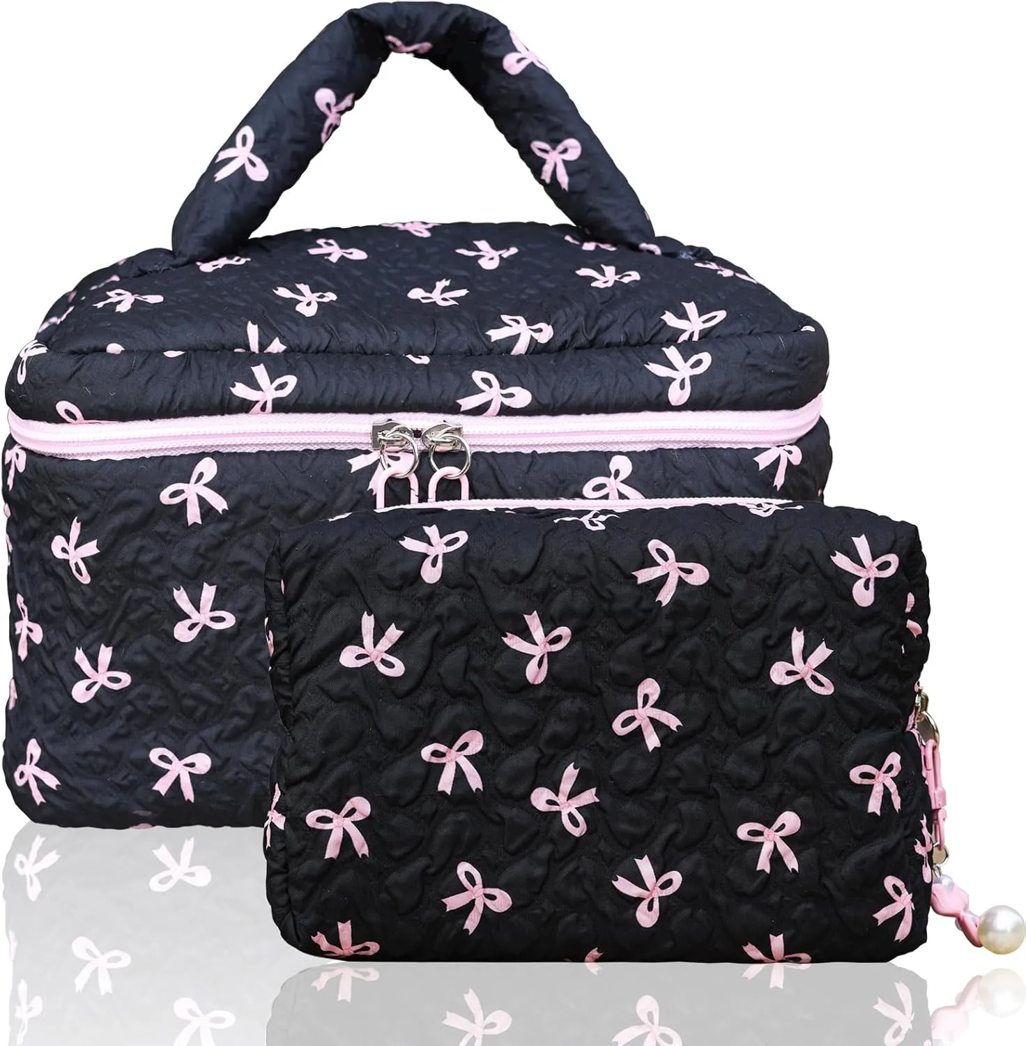 Cotton Quilted Makeup Bag Coquette Accessories Make up Bag Organizer Cute Bow Floral Cosmetic Pouch Travel Makeup Bag Mystery black Pure white (White black bow-01)