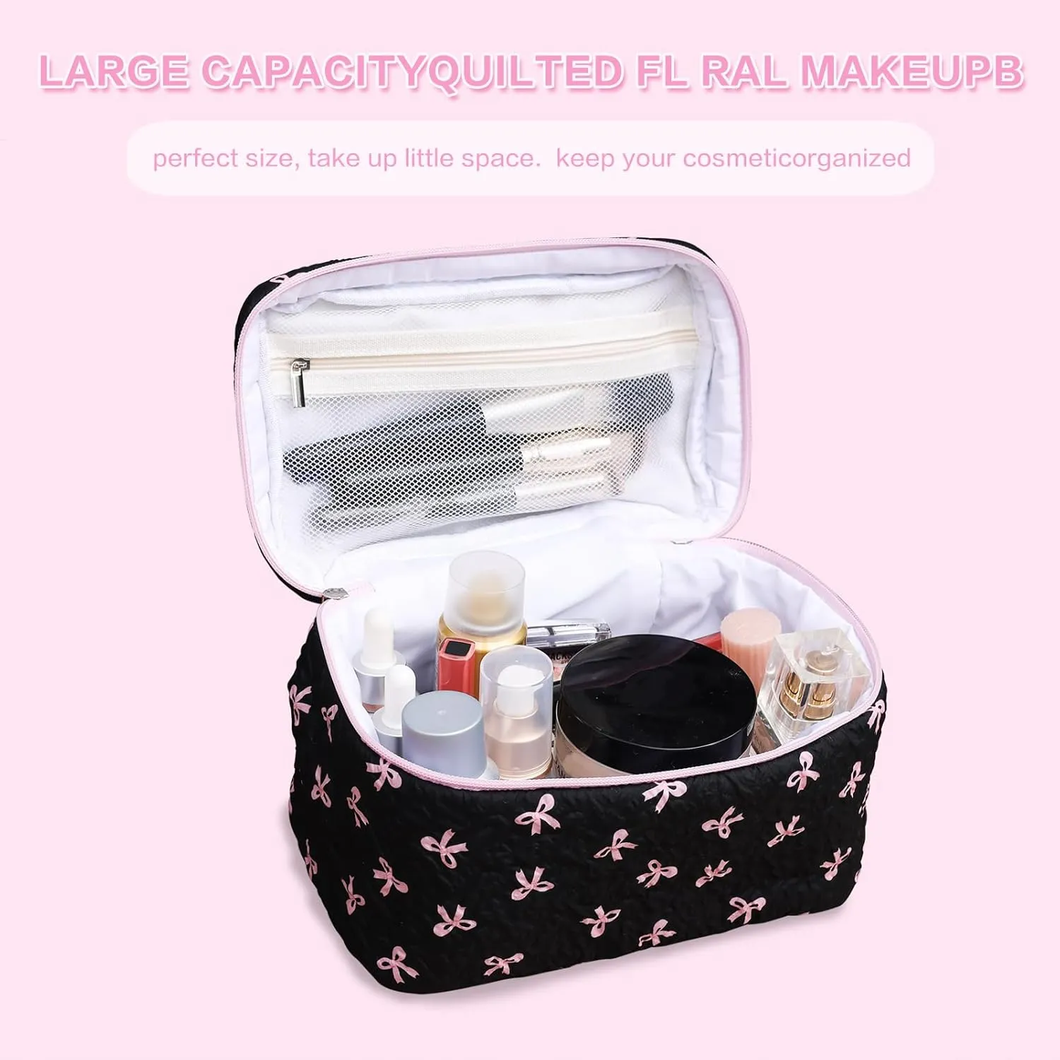Cotton Quilted Makeup Bag Coquette Accessories Make up Bag Organizer Cute Bow Floral Cosmetic Pouch Travel Makeup Bag Mystery black Pure white (White black bow-01)