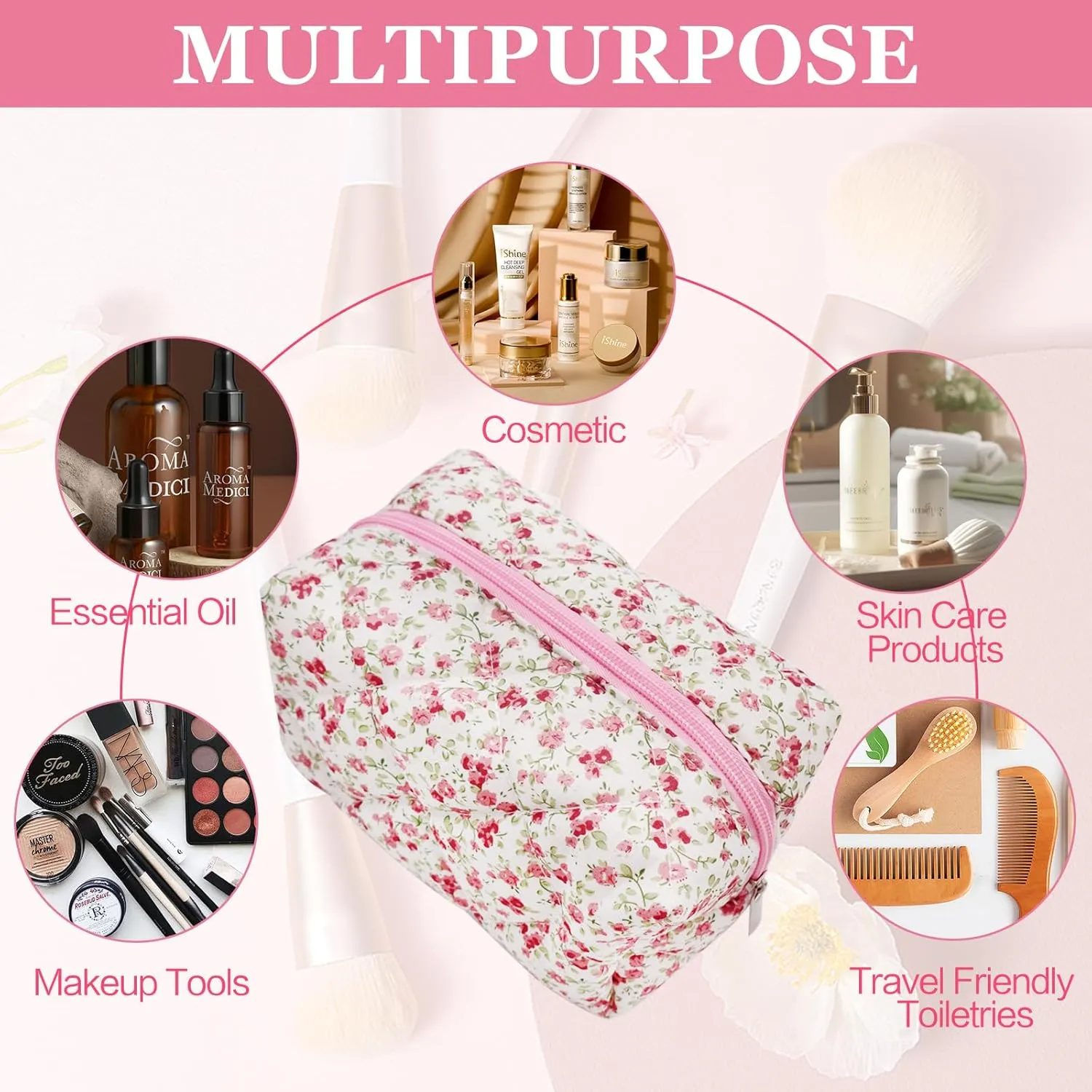 Cotton Quilted Makeup Bag, Cute Pouch Toiletry Bag Cosmetic Bag Quilted Floral Organizer Bag Travel Coquette Aesthetic Portable Storage Zipper Purse for Women (Red)