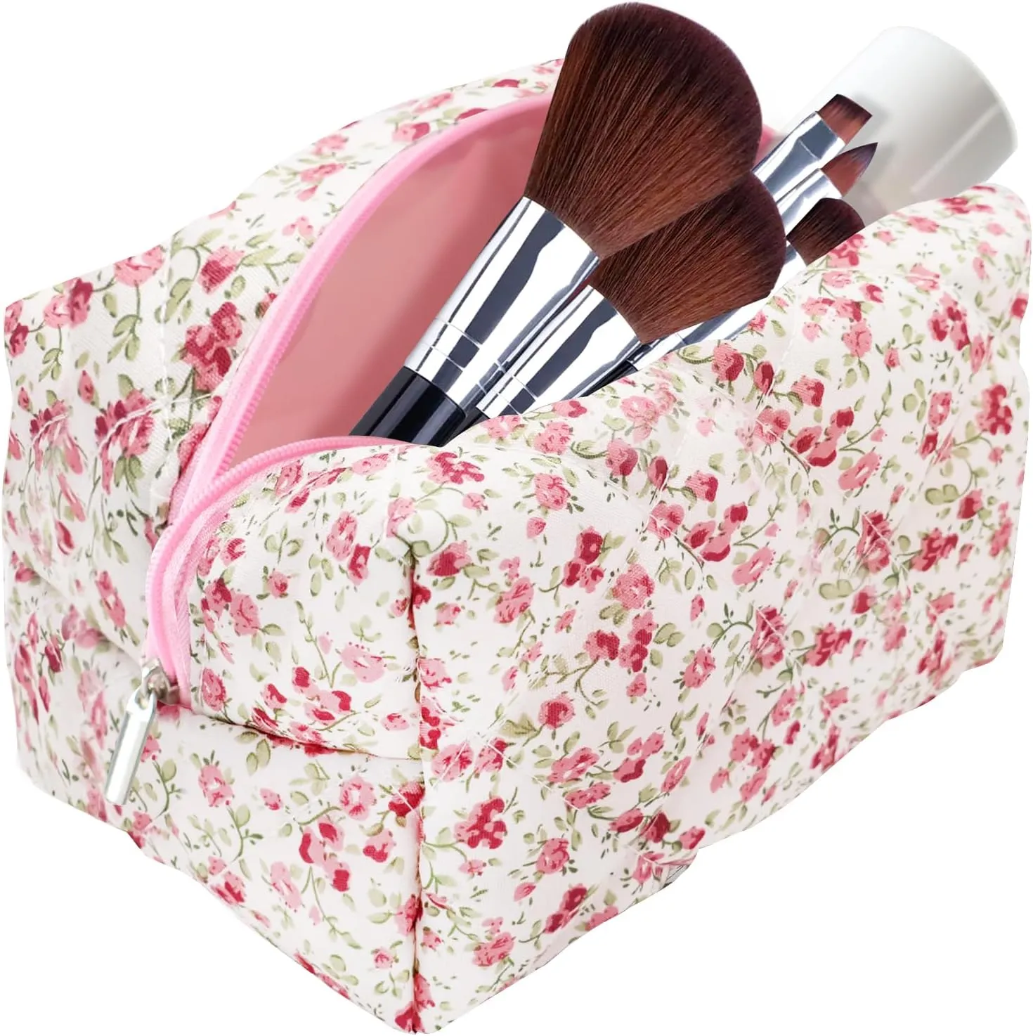 Cotton Quilted Makeup Bag, Cute Pouch Toiletry Bag Cosmetic Bag Quilted Floral Organizer Bag Travel Coquette Aesthetic Portable Storage Zipper Purse for Women (Red)