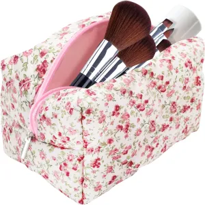 Cotton Quilted Makeup Bag, Cute Pouch Toiletry Bag Cosmetic Bag Quilted Floral Organizer Bag Travel Coquette Aesthetic Portable Storage Zipper Purse for Women (Red)