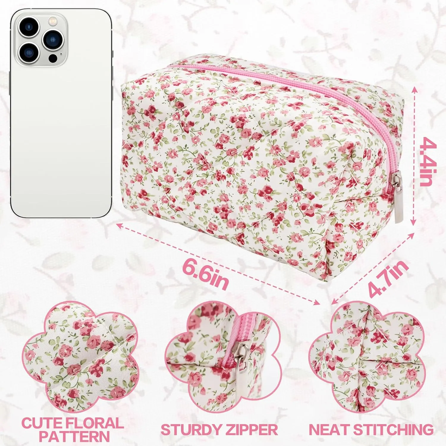 Cotton Quilted Makeup Bag, Cute Pouch Toiletry Bag Cosmetic Bag Quilted Floral Organizer Bag Travel Coquette Aesthetic Portable Storage Zipper Purse for Women (Red)