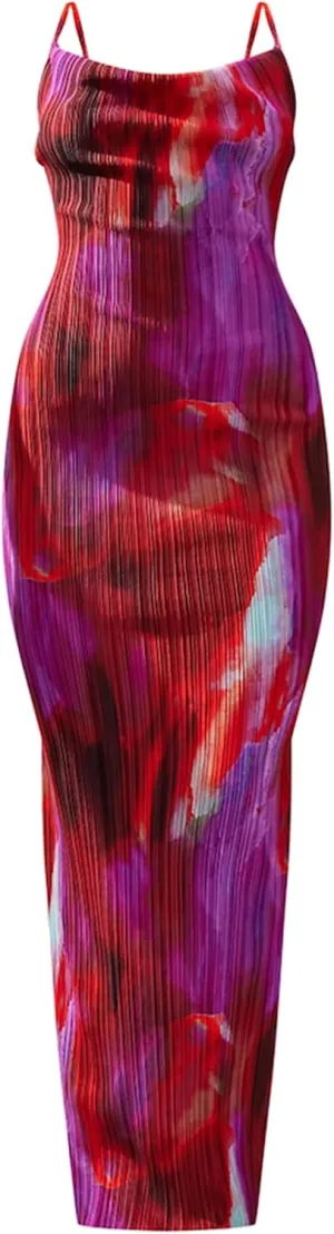 Cowl Neck Printed Plisse Maxi Dress Sleeveless Tank Dress Summer Beach Dresses