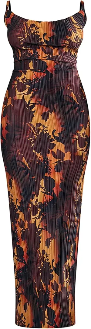 Cowl Neck Printed Plisse Maxi Dress Sleeveless Tank Dress Summer Beach Dresses