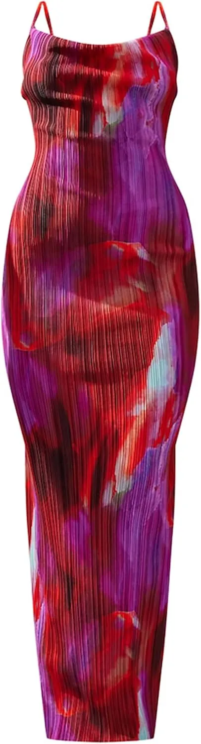 Cowl Neck Printed Plisse Maxi Dress Sleeveless Tank Dress Summer Beach Dresses